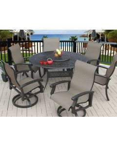 Barbados Sling Outdoor Patio 7pc Dining Set with 60" Round Table Series 2000 - Dining Chairs & Swivel Rockers - Antique Bronze Finish