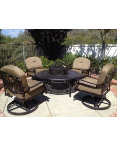 Elisabeth Cast Aluminum 5pc Deep Seating Set with 4 –Swivel Rockers & 1 – 52” Round Ice Chest Table – Antique Bronze Finish