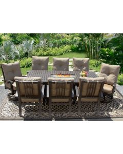 Barbados Cushion 42x84 Rectangle Outdoor Patio 9pc Dining Set for 8 Person with Rectangle Fire Table - Series 7000 Atlas - Antique Bronze Finish