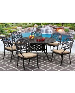 ELISABETH CAST ALUMINUM OUTDOOR PATIO 7PC SET 60 Inch ROUND DINING TABLE Series 3000 WITH Sunbrella SESAME LINEN CUSHION