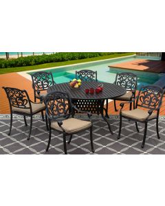 FLAMINGO CAST ALUMINUM OUTDOOR PATIO 7PC SET 60 Inch ROUND DINING TABLE Series 3000 WITH Sunbrella SESAME LINEN CUSHION
