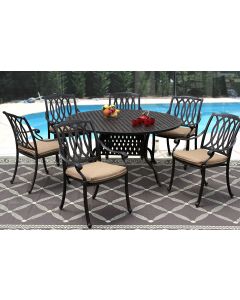 SAN MARCOS CAST ALUMINUM OUTDOOR PATIO 7PC SET 60 Inch ROUND DINING TABLE Series 3000 WITH Sunbrella&reg; SESAME LINEN CUSHION