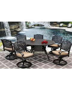 NASSAU CAST ALUMINUM OUTDOOR PATIO 7PC SET 60 Inch ROUND DINING TABLE Series 3000 WITH Sunbrella SESAME LINEN CUSHION