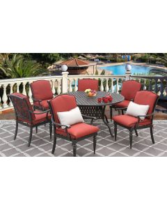 BAHAMA CAST ALUMINUM OUTDOOR PATIO 7PC SET 60 Inch ROUND DINING TABLE Series 3000 WITH Sunbrella SESAME LINEN CUSHION