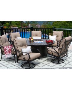 NEWPORT CAST ALUMINUM OUTDOOR PATIO 7PC SET 60 Inch ROUND DINING FIRE TABLE Series 4000 WITH SESAME LINEN CUSHION