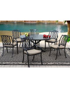 SAN MARCOS CAST ALUMINUM OUTDOOR PATIO 7PC SET 60 Inch ROUND DINING TABLE Series 4000 WITH Sunbrella&reg; SESAME LINEN CUSHION