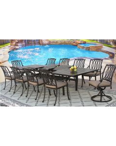 SAN MARCOS CAST ALUMINUM OUTDOOR PATIO 11PC SET 44X130 RECT EXTENDABLE DINING TABLE Series 4000 WITH Sunbrella&reg; SESAME LINEN CUSHION