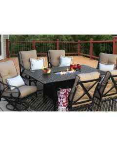 NEWPORT CAST ALUMINUM OUTDOOR PATIO 7PC SET 44X84 DINING FIRE TABLE Series 7000 ALTAS WITH SUNBRELLA SESAME LINEN CUSHION