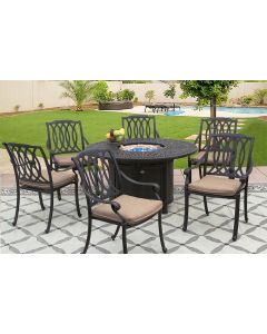 SAN MARCOS CAST ALUMINUM OUTDOOR PATIO 7PC SET 52 Inch ROUND DINING FIRE TABLE Series 2000 WITH Sunbrella&reg; SESAME LINEN CUSHION