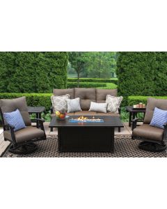 BARBADOS CUSHION ALUMINUM OUTDOOR PATIO 6PC SET SOFA, 2-CLUB SWIVEL ROCKER, 2-END TABLES 34 X 58 RECT FIRETABLE SERIES 4000 WITH WALNUT BROWN CUSHION - ANTIQUE BRONZE