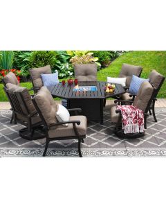 BARBADOS CUSHION ALUMINUM OUTDOOR PATIO 9PC SET 2-SWIVEL ROCKER 6-DINING CHAIR 71 inch OCTAGONAL FIRE TABLE SERIES 4000