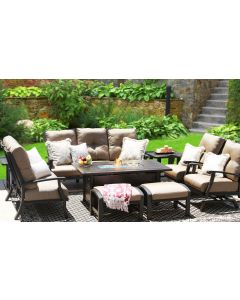 BARBADOS CUSHION ALUMINUM OUTDOOR PATIO 9PC SET SOFA, LOVESEAT, 2-CLUB SPRING ROCKER & OTTOMAN, 2-END TABLES 34X58 RECTANGLE FIRE PIT