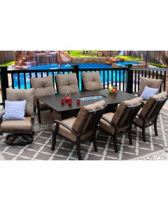 BARBADOS CUSHION ALUMINUM OUTDOOR PATIO 9PC SET 2-SWIVEL ROCKER, 6-DINING CHAIR 47 X 90 RECT FIRETABLE SERIES 4000 WITH WALNUT BROWN CUSHION - ANTIQUE BRONZE