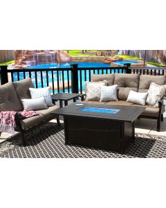 BARBADOS CUSHION ALUMINUM OUTDOOR PATIO 4PC SET SOFA, LOVESEAT, END TABLE 34 X 58 RECT FIRETABLE SERIES 4000 WITH WALNUT BROWN CUSHION - ANTIQUE BRONZE