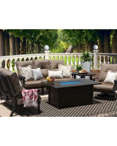 BARBADOS CUSHION ALUMINUM OUTDOOR PATIO 6PC SET SOFA, LOVESEAT, CLUB SWIVEL ROCKER, 2-END TABLES 34 X 58 RECT FIRETABLE SERIES 4000 WITH WALNUT BROWN CUSHION - ANTIQUE BRONZE