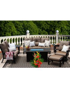 BARBADOS CUSHION ALUMINUM OUTDOOR PATIO 7PC SET SOFA, LOVESEAT, CLUB SWIVEL ROCKER & OTTOMAN, 2-END TABLES 34 X 58 RECT FIRETABLE SERIES 4000 WITH WALNUT BROWN CUSHION - ANTIQUE BRONZE