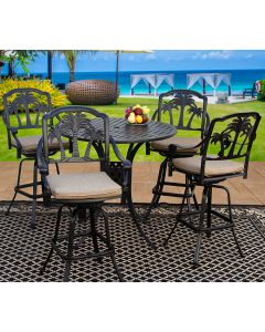 PALM TREE CAST ALUMINUM OUTDOOR PATIO 5PC BAR SET 4-BARSTOOL, 42 Inch ROUND BAR TABLE Series 3000 WITH Sunbrella SESAME LINEN CUSHION