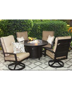 QUINCY CAST ALUMINUM OUTDOOR PATIO 5PC SET 50 Inch ROUND FIRETABLE Series 4000 WITH Sunbrella SESAME LINEN CUSHION - ANTIQUE BRONZE