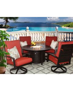 QUINCY CAST ALUMINUM OUTDOOR PATIO 5PC SET 50 Inch ROUND FIRETABLE Series 4000 WITH Sunbrella&reg; HENNA CUSHION - ANTIQUE BRONZE