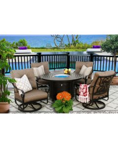TORTUGA CAST ALUMINUM OUTDOOR PATIO 5PC SET 2-CLUB CHAIRS, 2-CLUB SWIVEL ROCKER 50 Inch ROUND FIRE TABLE Series 4000 WITH Sunbrella SESAME LINEN CUSHION