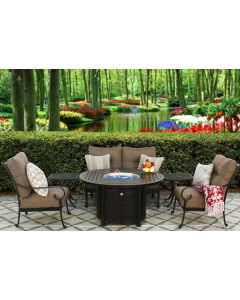 TORTUGA CAST ALUMINUM OUTDOOR PATIO 6PC SET LOVESEAT, 2-CLUB CHAIRS, 2-END TABLE 50 Inch ROUND FIRE TABLE Series 4000 WITH Sunbrella SESAME LINEN CUSHION