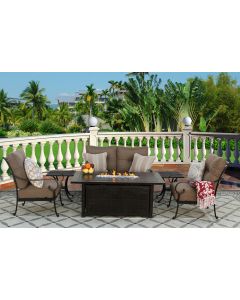 TORTUGA CAST ALUMINUM OUTDOOR PATIO 6PC SET LOVESEAT, 2-CLUB CHAIRS, 2-END TABLE 34X58 Inch FIRE TABLE Series 4000 WITH Sunbrella SESAME LINEN CUSHION