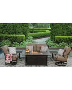 TORTUGA CAST ALUMINUM OUTDOOR PATIO 6PC SET LOVESEAT, 2-CLUB SWIVEL ROCKER CHAIRS, 2-END TABLE 34X58 Inch FIRE TABLE Series 4000 WITH Sunbrella SESAME LINEN CUSHION