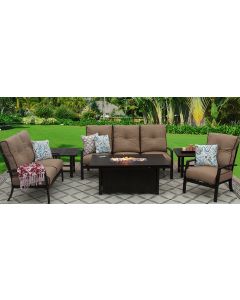 QUINCY ALUMINUM OUTDOOR PATIO 6PC SET SOFA, LOVESEAT, CLUB CHAIR, 2-END TABLES 34X58 RECTANGLE FIREPIT SERIES 4000 WITH SESAME LINEN CUSHION - ANTIQUE BRONZE