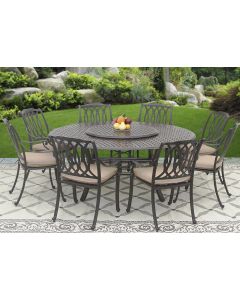 SAN MARCOS CAST ALUMINUM OUTDOOR PATIO 9PC SET 8-DINING CHAIRS 71 Inch ROUND TABLE & LAZY SUSAN SERIES 5000 WITH Sunbrella SESAME LINEN CUSHION