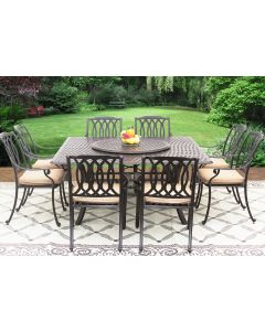 SAN MARCOS CAST ALUMINUM OUTDOOR PATIO 9PC SET 8-DINING CHAIRS 64 Inch SQUARE TABLE Series 5000 & LAZY SUSAN WITH Sunbrella&reg; SESAME LINEN CUSHION