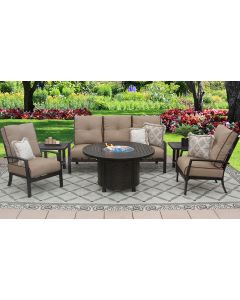 QUINCY ALUMINUM OUTDOOR PATIO 6PC SOFA, 2-CLUB CHAIRS, 2-END TABLES 50 Inch ROUND FIRE TABLE SERIES 4000 WITH SESAME LINEN CUSHION - ANTIQUE BRONZE