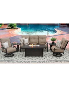 QUINCY ALUMINUM OUTDOOR PATIO 6PC SOFA, 2-CLUB SWIVEL ROCKERS, 2-END TABLES 34X58 RECTANGLE FIREPIT SERIES 4000 WITH SESAME LINEN CUSHION - ANTIQUE BRONZE