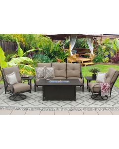 NEWPORT ALUMINUM OUTDOOR PATIO 6PC SOFA, 2-CLUB SWIVEL ROCKERS, 2-END TABLES 34X58 RECTANGLE FIREPIT SERIES 4000 WITH SESAME LINEN CUSHION - ANTIQUE BRONZE