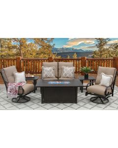 NEWPORT ALUMINUM OUTDOOR PATIO 6PC LOVESEAT, 2-CLUB SWIVEL ROCKERS, 2-END TABLES 34X58 RECTANGLE FIREPIT SERIES 4000 WITH SESAME LINEN CUSHION - ANTIQUE BRONZE