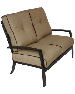 QUINCY CAST ALUMINUM OUTDOOR PATIO LOVESEAT WITH SUNBRELLA SESAME LINEN CUSHION - ANTIQUE BRONZE