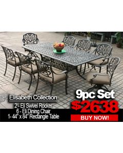 Patio Furniture Sale: ELISABETH 9pc set with 2-Swivel Rocker 6-Dining Chairs and 44x84 Rectangle Table